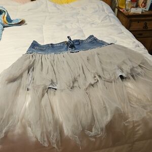 SHEIN Blue Denim and Gray Tulle Midi Skirt